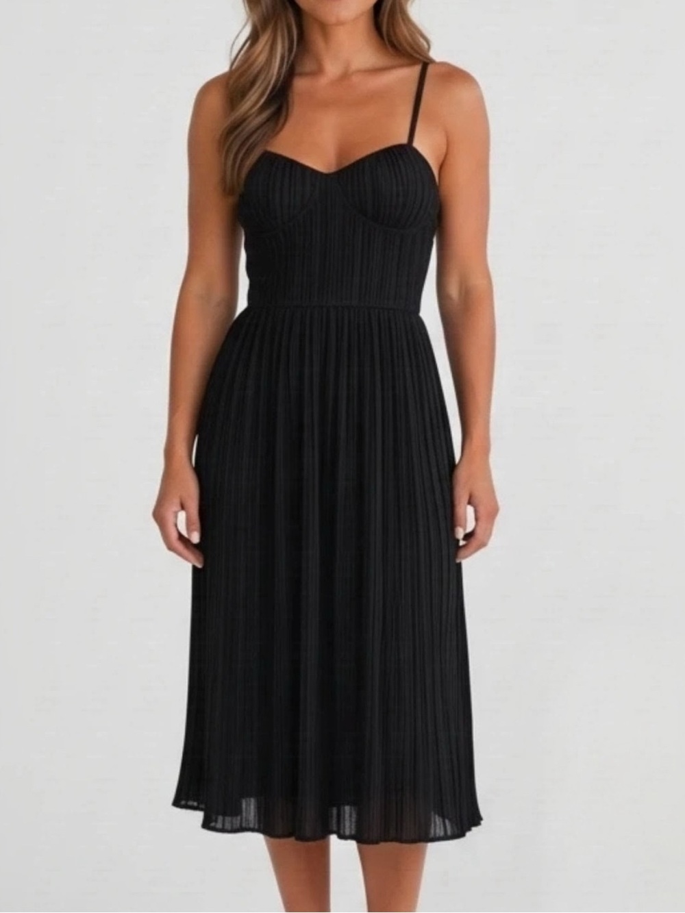 DKNY Black Pleated Midi Dress with Spaghetti Straps